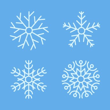 Kar taneleri kış koleksiyonu. Mavi arka planda dört beyaz kar tanesinden oluşan bir set. Noel ve Yeni Yıl dekorasyon unsurları. Vektör illüstrasyonu