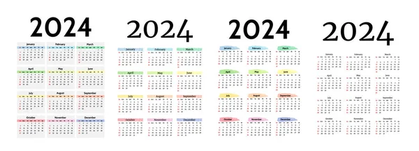 Set Four Vertical Calendars 2024 Isolated White Background Sunday Monday — Stockvector
