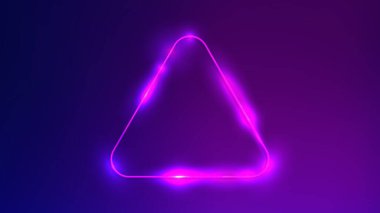 Neon yuvarlak üçgen çerçeve üzerinde parlak efektlerle koyu mor arka plan. Boş parlayan tekno fon. Vektör illüstrasyonu