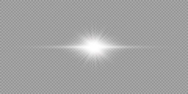 Lens fişeklerinin ışık etkisi. Gri şeffaf arkaplanda parıldayan beyaz yatay ışık patlaması efekti. Vektör illüstrasyonu