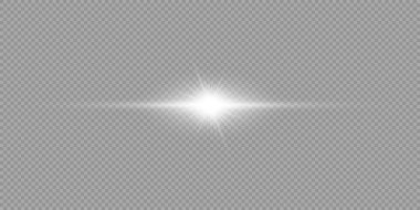Lens fişeklerinin ışık etkisi. Gri şeffaf arkaplanda parıldayan beyaz yatay ışık patlaması efekti. Vektör illüstrasyonu
