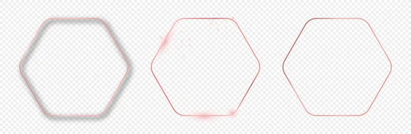 Set Three Rose Gold Glowing Rounded Hexagon Frames Isolated Transparent — Stock Vector
