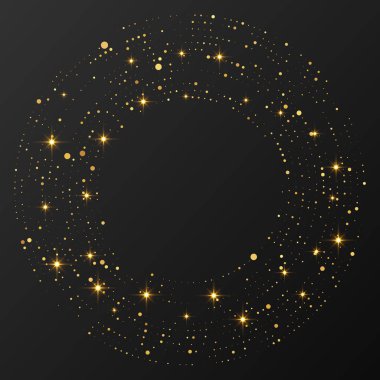 Soyut altın parlayan yarım tonlu noktalı arkaplan. Daire şeklinde altın parıltı deseni. Yarım ton noktalarını çember yapın. Vektör illüstrasyonu