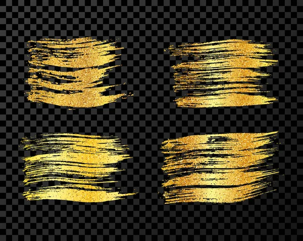 Набір Чотирьох Золотих Пензлів Рука Намальована Пляма Чорнила Ізольована Темному — стоковий вектор