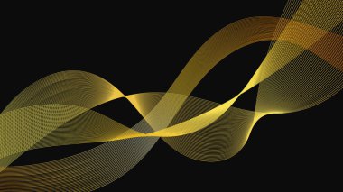 Karanlık arka planda lüks altın dalgaları olan soyut bir fon. Modern teknoloji arka planı, dalga tasarımı. Vektör illüstrasyonu