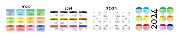 Set Quattro Calendari 2024 Isolati Sfondo Bianco Domenica Lunedì Modello — Vettoriale Stock