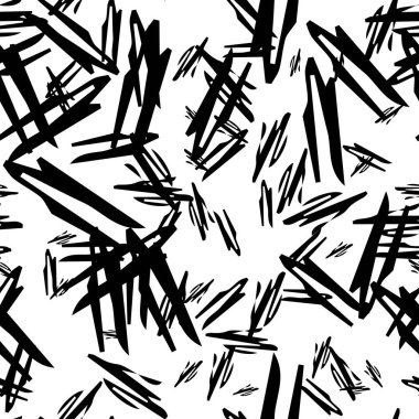Beyaz arka planda soyut şekillerde siyah kalem fırça darbeleriyle kusursuz desen. Vektör illüstrasyonu