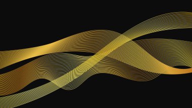 Karanlık arka planda lüks altın dalgaları olan soyut bir fon. Modern teknoloji arka planı, dalga tasarımı. Vektör illüstrasyonu