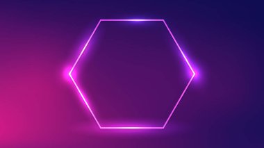 Koyu mor arka planda parlak efektleri olan neon altıgen çerçeve. Boş parlayan tekno fon. Vektör illüstrasyonu