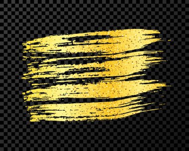 Altın fırça darbesi. El çizimi mürekkep lekesi koyu şeffaf arkaplanda izole edilmiş. Vektör illüstrasyonu