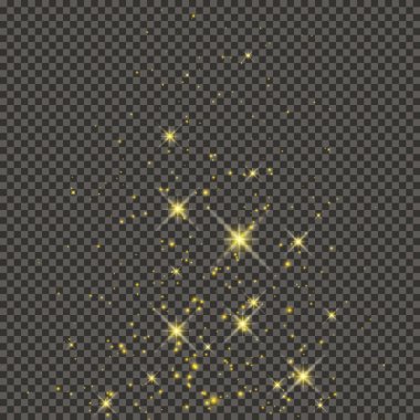 Gold glittering dust on a gray transparent background. Dust with gold glitter effect and empty space for your text.  Vector illustration