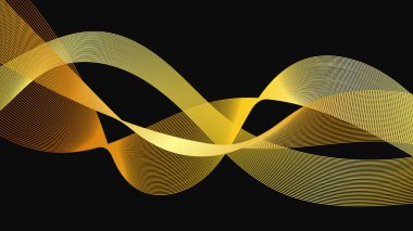 Karanlık arka planda lüks altın dalgaları olan soyut bir fon. Modern teknoloji arka planı, dalga tasarımı. Vektör illüstrasyonu