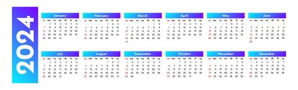 Horizontal Calendar 2024 Isolated White Background Sunday Monday Business Template — Stockový vektor