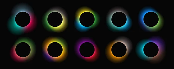 Circle Illuminate Frame Gradient Set Ten Neon Banners Isolated Black — Stock Vector