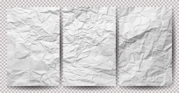 一套透明背景的白色干净皱巴巴的纸片 折皱的空白纸片 阴影下的海报和横幅 矢量说明 — 图库矢量图片