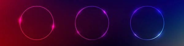 ダークパープルの背景に輝く効果を持つ3つのネオンラウンドフレームのセット 空っぽの輝くテクノの背景 ベクトルイラスト — ストックベクタ