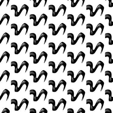 Seamless pattern with black wavy grunge brush strokes in abstract shapes on white background. Vector illustration