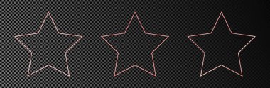 Koyu şeffaf arkaplanda üç adet gül sarısı parıldayan yıldız şeklindeki çerçeve. Parlak efektli parlak bir çerçeve. Vektör illüstrasyonu