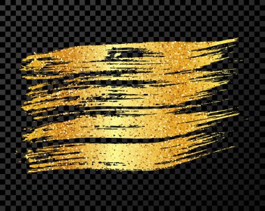Altın fırça darbesi. El çizimi mürekkep lekesi koyu şeffaf arkaplanda izole edilmiş. Vektör illüstrasyonu