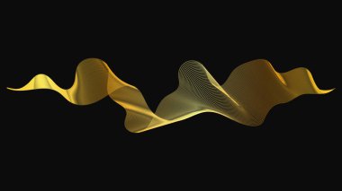 Karanlık arka planda lüks altın dalgaları olan soyut bir fon. Modern teknoloji arka planı, dalga tasarımı. Vektör illüstrasyonu