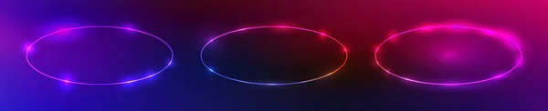 Набір Трьох Неонових Овальних Кадрів Яскравими Ефектами Темно Фіолетовому Тлі — стоковий вектор