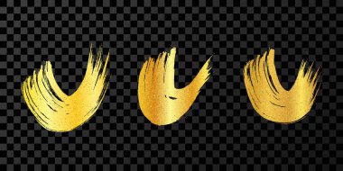 Altın grunge yarı dairesel fırça darbeleri. Dalgalı boyalı mürekkep çizgileri. Mürekkep lekesi koyu şeffaf arkaplanda izole edilmiş. Vektör illüstrasyonu