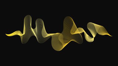Karanlık arka planda lüks altın dalgaları olan soyut bir fon. Modern teknoloji arka planı, dalga tasarımı. Vektör illüstrasyonu