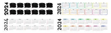 2024 için dört yatay takvim seti beyaz arka planda izole edildi. Pazardan pazartesiye, iş planı. Vektör illüstrasyonu
