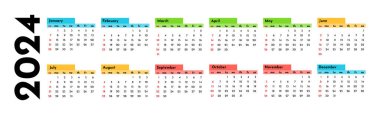 Horizontal calendar for 2024 isolated on a white background. Sunday to Monday, business template. Vector illustration