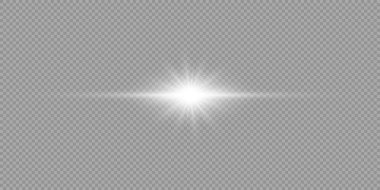 Lens fişeklerinin ışık etkisi. Gri şeffaf arkaplanda parıldayan beyaz yatay ışık patlaması efekti. Vektör illüstrasyonu