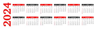 Horizontal calendar for 2024 isolated on a white background. Sunday to Monday, business template. Vector illustration