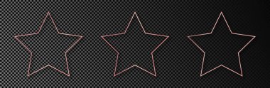 Koyu şeffaf arkaplanda üç adet gül sarısı parıldayan yıldız şeklindeki çerçeve. Parlak efektli parlak bir çerçeve. Vektör illüstrasyonu