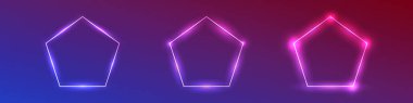 Pentagon formunda üç neon çerçeve seti ve koyu mor arka planda parlak efektler. Boş parlayan tekno fon. Vektör illüstrasyonu