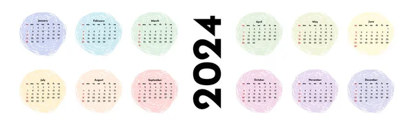 Poziomy Kalendarz 2024 Rok Izolowany Białym Tle Niedzieli Poniedziałku Szablon — Wektor stockowy