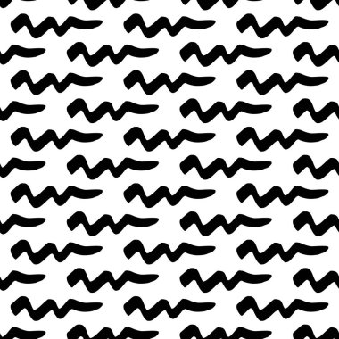 Seamless pattern with black wavy grunge brush strokes in abstract shapes on white background. Vector illustration