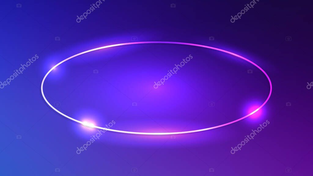 Neon oval frame with shining effects on dark blue background. Empty glowing techno backdrop. Vector illustration