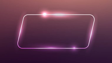 Neon, koyu kahverengi arka planda parlak efektleri olan yuvarlak paralelkenarlı çerçeve. Boş parlayan tekno fon. Vektör illüstrasyonu