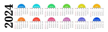 Horizontal calendar for 2024 isolated on a white background. Sunday to Monday, business template. Vector illustration