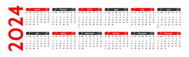 Horizontal calendar for 2024 isolated on a white background. Sunday to Monday, business template. Vector illustration