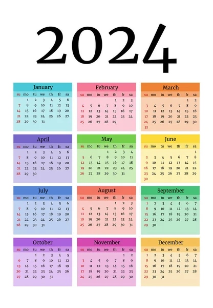Kalendář Pro Rok 2024 Izolované Bílém Pozadí Neděle Pondělí Obchodní — Stockový vektor