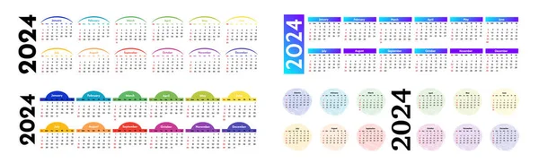 Set Quattro Calendari Orizzontali 2024 Isolati Sfondo Bianco Domenica Lunedì — Vettoriale Stock