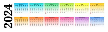 Horizontal calendar for 2024 isolated on a white background. Sunday to Monday, business template. Vector illustration