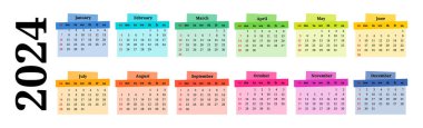 Horizontal calendar for 2024 isolated on a white background. Sunday to Monday, business template. Vector illustration