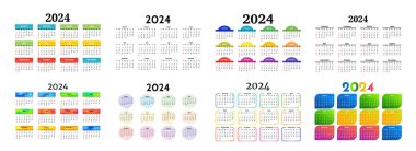 2024 için altı takvim seti beyaz arka planda izole edildi. Pazardan pazartesiye, iş planı. Vektör illüstrasyonu