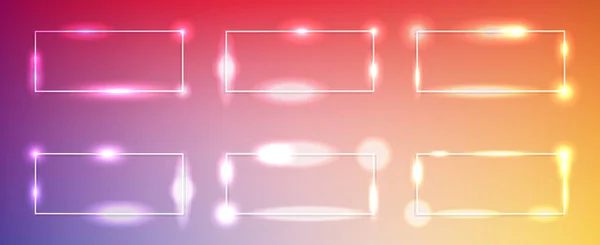 Set Van Zes Rechthoekige Neon Frames Met Stralende Effecten Sprankelingen — Stockvector