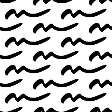 Seamless pattern with black wavy grunge brush strokes in abstract shapes on white background. Vector illustration