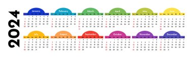 Horizontal calendar for 2024 isolated on a white background. Sunday to Monday, business template. Vector illustration