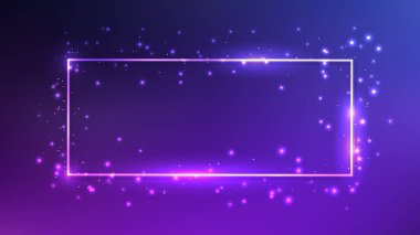 Parlak efektlere ve koyu mavi arka planda parıltılara sahip neon dikdörtgen çerçeve. Boş parlayan tekno fon. Vektör illüstrasyonu