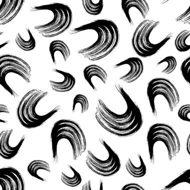 Seamless pattern with black wavy grunge brush strokes in abstract shapes on white background. Vector illustration