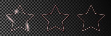Koyu şeffaf arkaplanda üç adet gül sarısı parıldayan yıldız şeklindeki çerçeve. Parlak efektli parlak bir çerçeve. Vektör illüstrasyonu